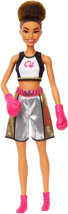 Barbie Boxer Brunette Doll with Boxing Outfit Featuring Short Top with Barbie Graphic, Metallic Boxi