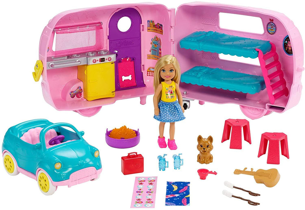 Barbie Club Chelsea Camper Playset with Chelsea Doll, Puppy, Car, Camper, Firepit, Guitar and 10 Acc