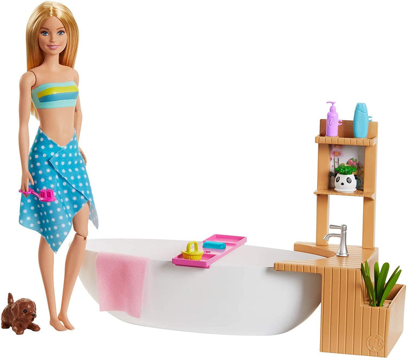 Barbie Fizzy Bath Doll & Playset, Blonde, with Tub, Fizzy Powder, Puppy & More, Gift for Kids 3 to 7