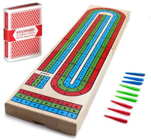 Cribbage – Traditional Wooden Board Game, Classic 3-Track Layout & Plastic Pegs with Free Deck of Pl
