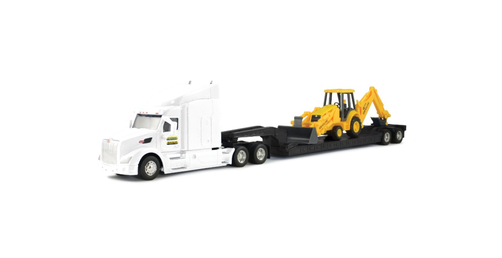 Ertl Peterbilt Model 579 Semi with Lowboy and New Holland Backhoe Loader
