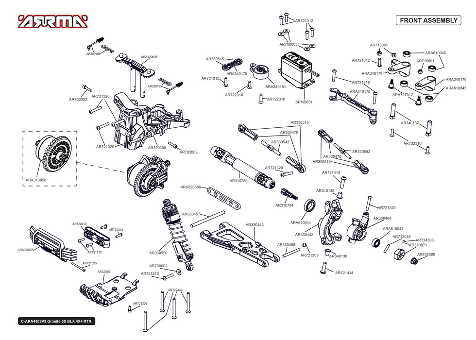 Exploded view: Arrma Granite 4X4 3S BLX 1:10 4WD RTR - Chassis