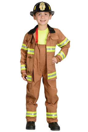 Jr Firefighter Suit Tan with Hard Helmet, Child Size 2/3