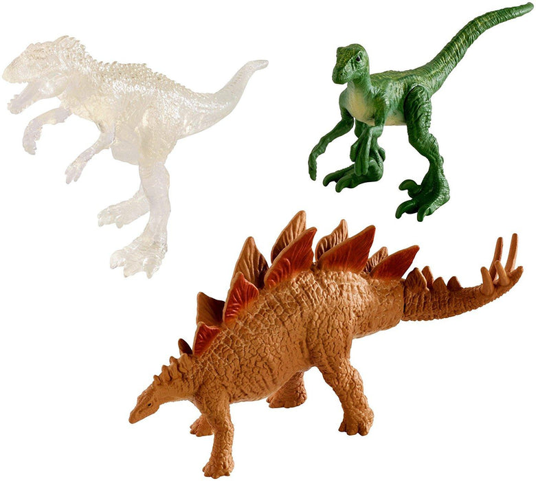 Jurassic World Mini Stegosaurus, Velociraptor, & Transparent Indominus Figures, 3 Pack