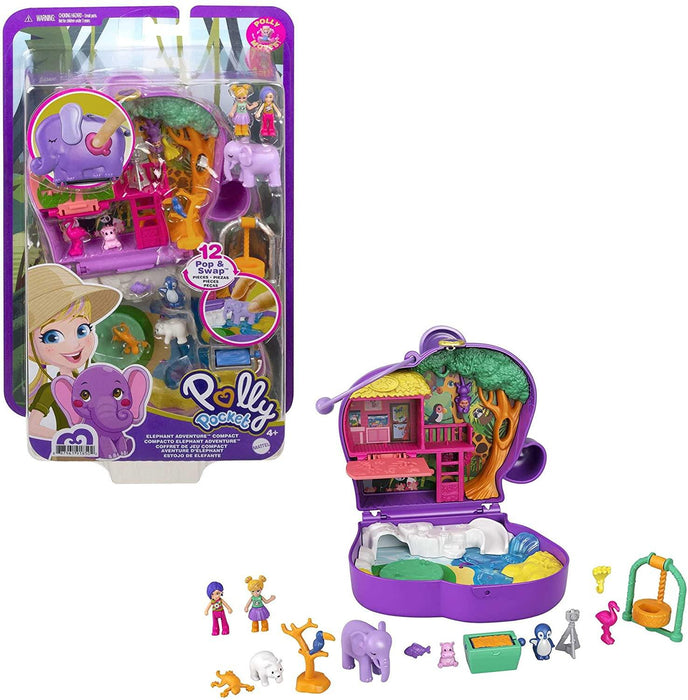 Polly Pocket Elephant Adventure Compact, Animal Theme with Micro Polly & Bella Dolls