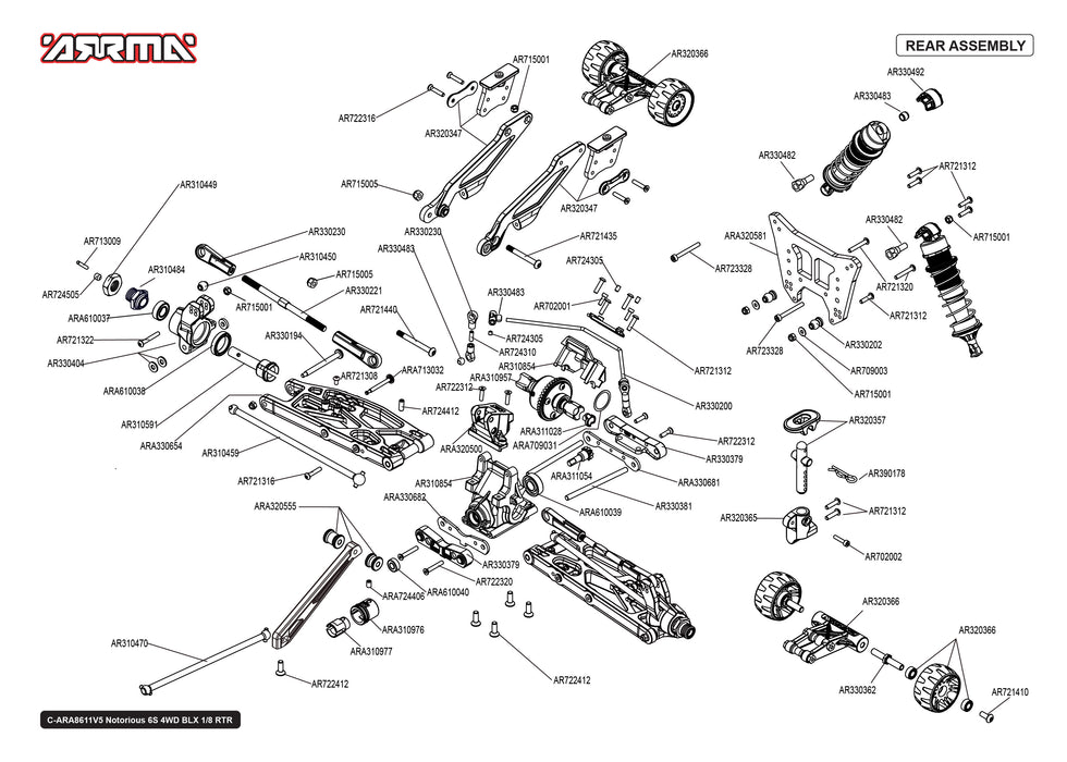 Arrma Notorious 6S 4WD BLX Parts Exploded View (8611V5T1)