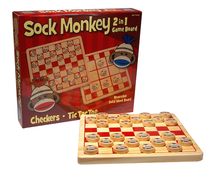 Sock Monkey Wooden Checkers and Tic Tac Toe Game
