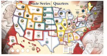 State Quarters Map with Color States and Coin Holders