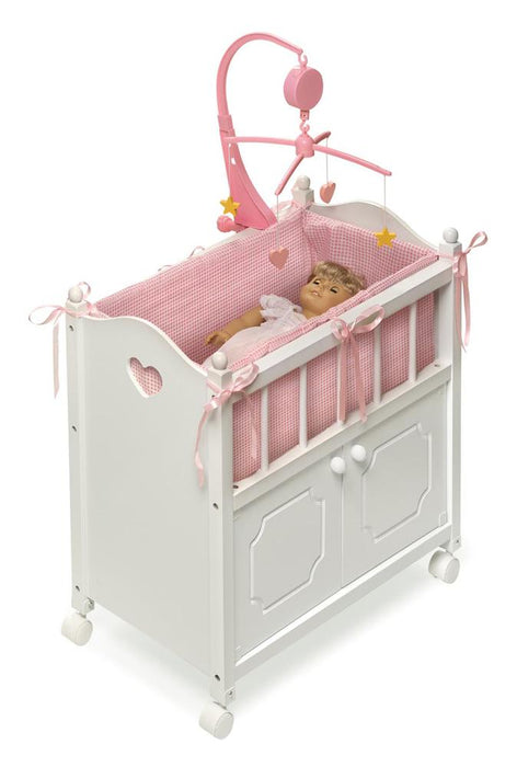 White Doll Crib with Cabinet Bedding Mobile Wheels